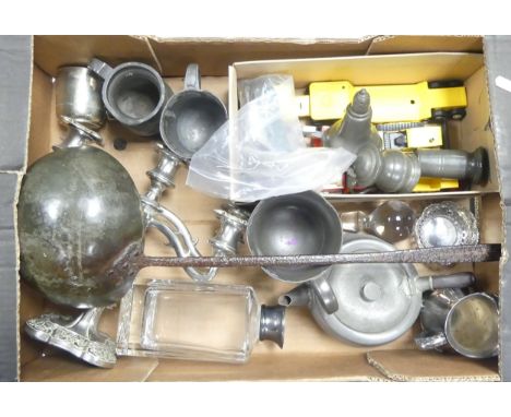 A Mixed Collection of Metalware to include Plated Candlestick, Silver Collar Decanter, Pocketknives, assorted Pewter, Vintage
