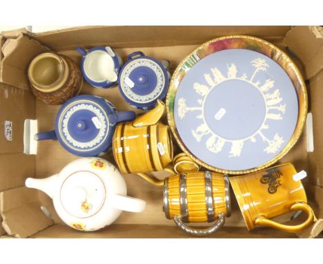 Mixed Ceramics To include Wedgwood Blue Jasper Teapot, Milk Jug, Lidded Sugar Bowl(one handle broken Noted) Wade Tankers, Sad