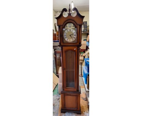 A Modern Longcase Clock. Brass Front plate with Tempus Fugit Globe and Scroll Motif. Height: 208cm