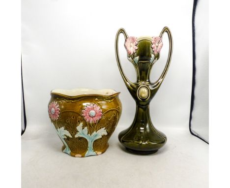 British Art Pottery, Art Nouveau Majolica Vase and Planter