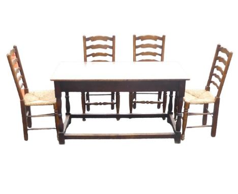 Farmhouse Style Kitchen Table on Box Stretcher with Four Ladder Back Lancashire Rush Seated Chairs. Size of table: Height: 75