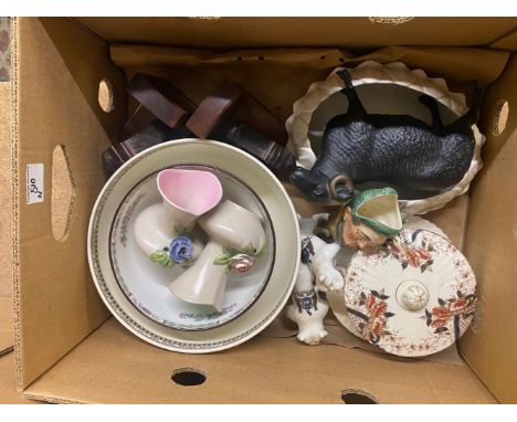 A Mixed Collection of Ceramics to include Royal Doulton small Auld Mac Character Jug, Spode Lotus Bowl, Crested Ware Bulldogs
