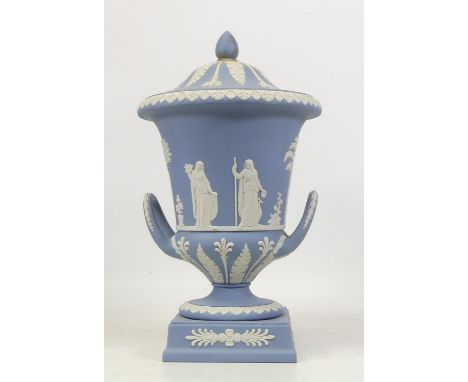 Wedgwood, Blue Jasperware Twin Handled Lidded Urn. Finial Reglued.