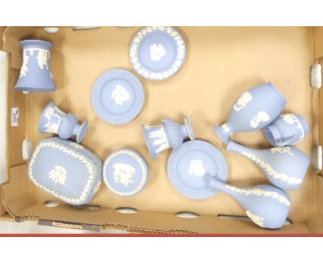 Wedgwood Powder Blue Jasper Ware To Include Lidded Rectangular Trinket Box, Various Sized Vases, Pin Trays Etc (1Tray)