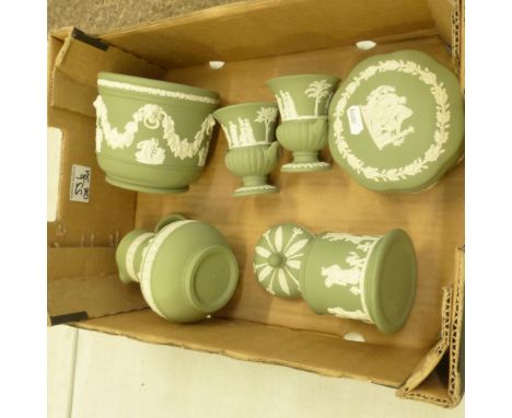 Wedgwood Sage Green Jasperware To Include Small Planter, Jug, Two Urn Vases, Tall Lidded Trinket Box also a Circular Lidded T