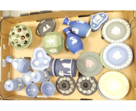 Wedgwood Jasperware To Include Powder Blue Small Urn Vases, Two Small Footed Bowls,Lidded Heart Shaped Trinket Box, Pin Trays