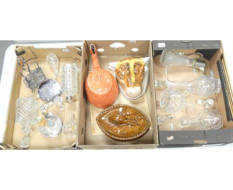 A Selection Of Glass Decanters and Condiment Set Some With Silver Plated Tops also Three Ceramic Comical Animals To Include a