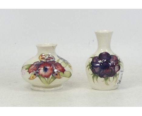 Two Moorcroft Vases To Include a Small Squat Vase Iris Pattern on Cream Ground (Chipped Rim Noted) 7cm Tall also a Small Vase