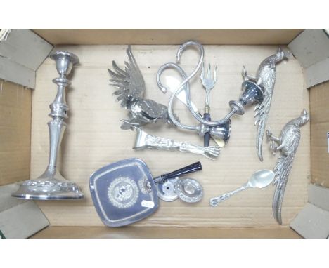 A Mixed Collection of mostly Silverplated items to include animal form plated ice tongs, large candlestick, white metal bird 