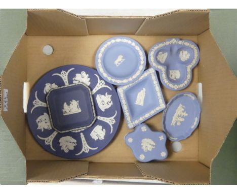 Wedgwood Jasperware to include Portland Blue Plate, Square Pin Dish, Club and Diamond dishes, Cloud shape lidded trinket box 