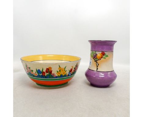 Clarice Cliff for Wilkinson Pottery, Honeyglaze Chloris pattern bowl (chip to rim) together with a Gaterhall Burslem Vase. (2
