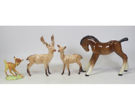 Four Ceramic Horses, includes Large Sylvac Foal, Beswick Stag with Doe and a Disney Showcase figure of Bambi (4)