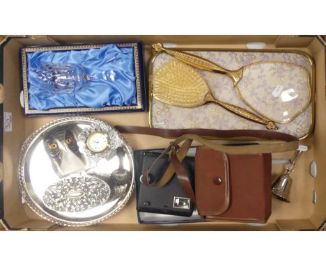 Mixes Selection Including Dressing Table Set, Boxed Glass Crystal Bell, Glass Owl Paper weight, Glass Decorative Clock, Brown