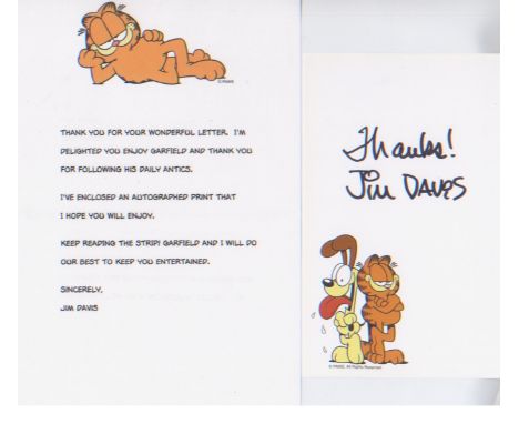 Garfield Jim Davis. Signed print of Garfield by cartoonist, Jim Davis.  Good Condition. All signed pieces come with a Certifi