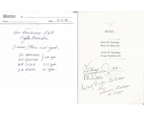 Battle of Britain multisigned 50th ann Fighter Association Dinner Menu card, signed by D Armitage 266sqn, R Gretton 266 sqn, 