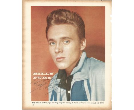 Billy Fury signed music magazine colour portrait page.  Good Condition. All signed pieces come with a Certificate of Authenti