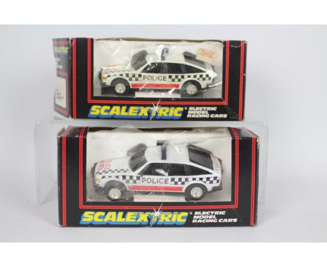 Scalextric - 2 x boxed cars, both # C.362 Rover 3500 SD1 Police cars. The models appear in Good condition but one has no door