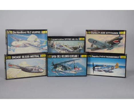 Heller - A grouping of six boxed Heller 1:72 scale plastic military aircraft model kits. Lot includes Heller #283 DH FB.5 Vam