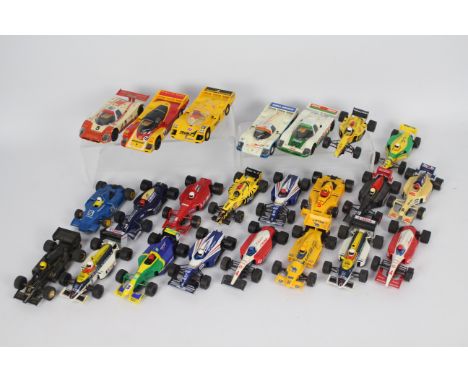 Scalextric - 23 x unboxed slot car models in 1:32 scale for spares or restoration. Includes two Jaguar XJR9's, a Renault Turb