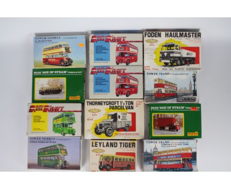 Davric, Tower Models, Merit, Keil Kraft - 12 boxed plastic bus and commercial vehicle plastic model kits in OO / HO scale. Lo