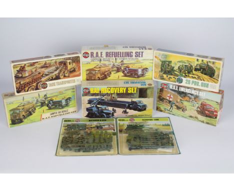 Airfix - Eight boxed and carded vintage plastic military model kits in OO scale by Airfix. Lot includes Carded Series 1 #0131