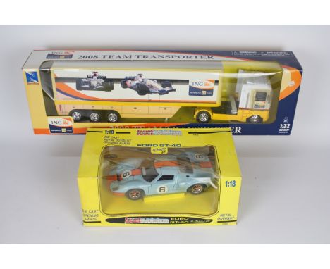 Jouef - NewRay - 2 x boxed models, a 1:18 scale Ford GT-40 in Gulf colours # 3008 and a 1:32 scale Renault 2008 Team Transpor