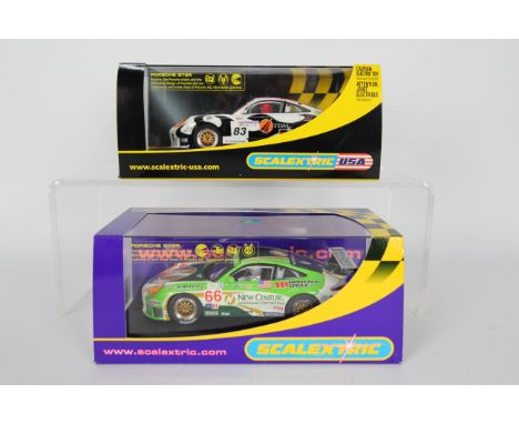 Scalextric - Two boxed Scalextric Porsche 911 GTR3 1:32 scale slot cars. Lot comprises of Scalextric USA C2580 Porsche 911 GT