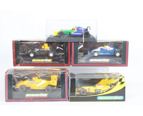 Scalextric - 5 x boxed cars, # C.377 Tyler Autos Formula 2, # C.434 Lotus Honda Turbo, a Jordan Honda F1 and similar others. 