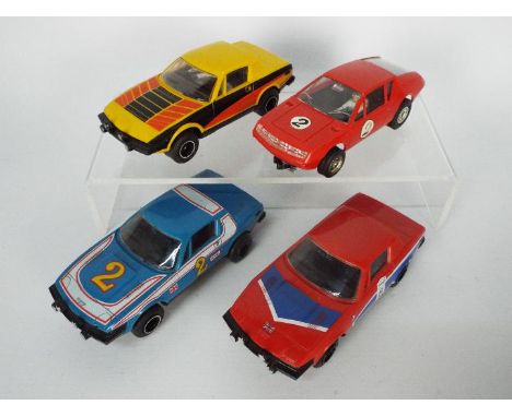 Scalextric - 4 x unboxed vintage models, three Triumph TR7 cars in blue, red and yellow and a French made Alpine Renault A310