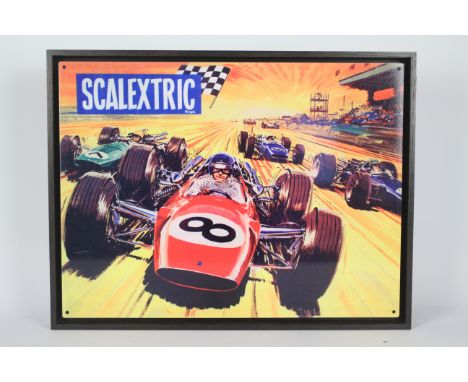 Scalextric - A vintage style metal sign mounted in a dark wooden frame. The frame measures 42.5 cm x 32.5 cm. It appears in N