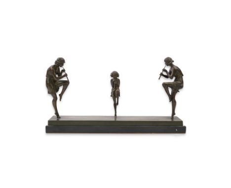 Marcel Bouraine (French, 1886-1948), an Art Deco bronze group, 'Les Joyeuses de Flutes', on rectangular plinth with further b