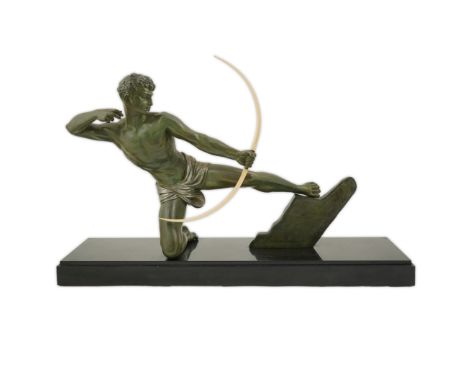 Jean de Roncourt (French, 1869-1937), a French Art Deco patinated metal figure of an archer holding an ivorine bow, on black 