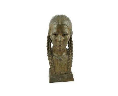 Elsie March (1884-1974), a bronze bust of a young lady entitled 'Patience', signed and dated 1938, 20cm wide, 21cm deep, 46cm