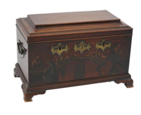 A mid 18th century mahogany strong box with painted decorated and inscription 'Success to the Potter's Art', with brass loop 
