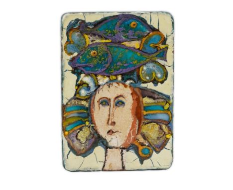 Querubim Lapa (Portuguese, 1925-2016), a stylised Portuguese art pottery plaque, decorated in colours with two fish above a h