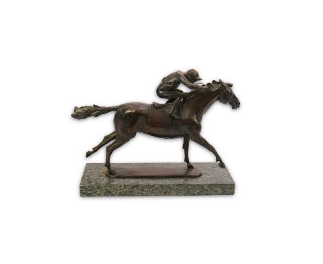 § § James Osborne (English, 1940-1992), a bronze model of a racehorse with jockey modelled at full gallop, signed in the bron