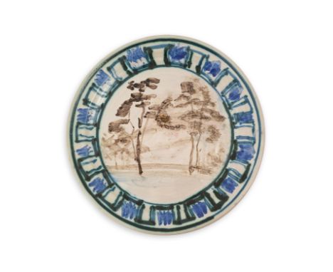 Quentin Bell (1910-1996), a pottery circular landscape dish, 1990s, painted in black with trees, possibly a view at Charlesto