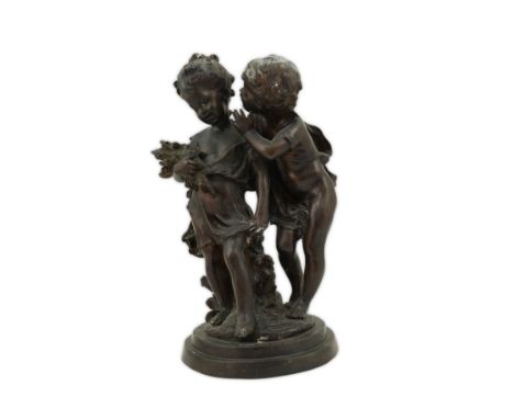 After Auguste Moreau (1834-1917), a bronze group of two putti 'Le secret', on signed naturalistic plinth, 26cm wide, 44cm hig