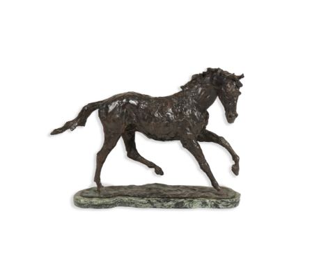 § § James Osborne (English, 1940-1992), a bronze model of a trotting horse, signed and numbered 2/10, on a Connemara marble b