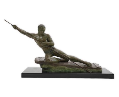 Ugo Cipriani (French, 1897- 1960), a French Art Deco bronzed spelter figure of a rafter, signed in the metal, on black marble