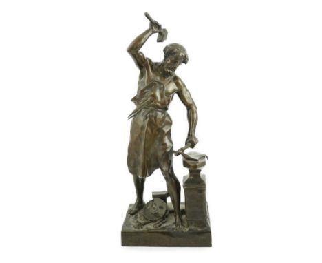 Emile Louis Picault (French, 1833-1915), an early 20th century bronze, 'Opus Improbum Omnia Vincit', depicting a blacksmith w