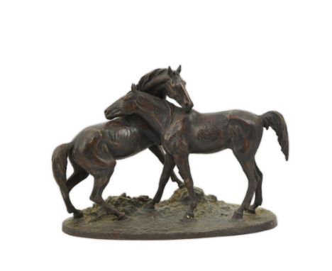 After Pierre-Jules Mene (French, 1810-1879), a bronze group 'L’ Accolade' on naturalistic oval base, signed in the bronze, 58