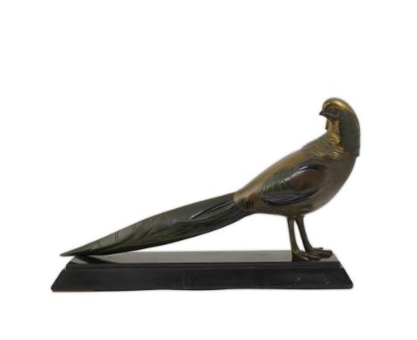 Alexandre Kelety (Hungarian, 1874-1940), a French Art Deco bronze model of an exotic pheasant standing upon a black marble pl