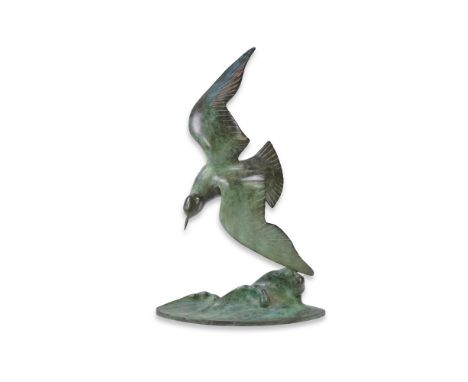 J.B. Leonard, a French Art Deco bronze model of a seagull swooping over waves, signed in the bronze, foundry mark, 40cm wide,