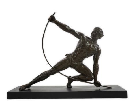 Attributed to Jean de Roncourt, a French Art Deco bronzed spelter 'Le Bendeur', on black marble plinth, 70.5cm wide, 16cm dee