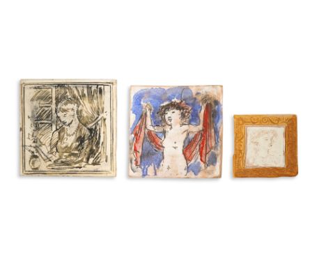 Quentin Bell (1910-1996), three pottery portrait square tiles, 1980s/1990s, the largest incised and painted in black with a h