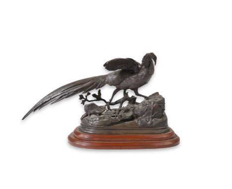 Jules Moignez (French, 1835-1894), a bronze model of a cock pheasant startled by a lizard, on naturalistic signed base and oa