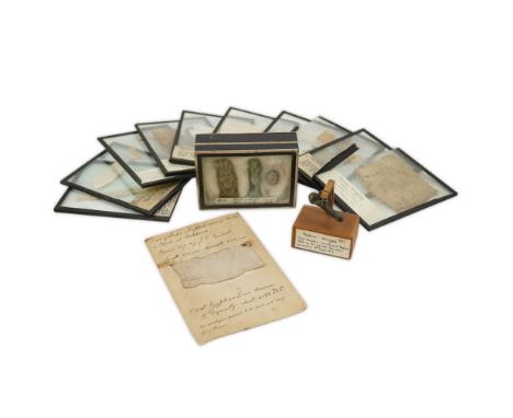 Ten glass slides of Egyptian mummy bandages, a bronze Phallus charm and a display box of three Egyptian faience amulets, the 