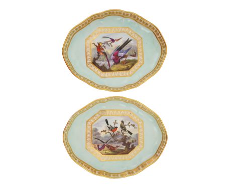 A pair of Derby ornithological dessert dishes, c.1815, painted in the manner of Richard Dodson with fantastic and domestic bi