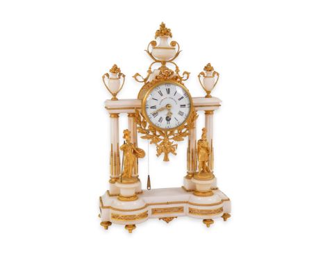 Ferdinand Berthoud, a Louis XVI style ormolu mounted white marble portico quarter repeating timepiece in ornate case mounted 